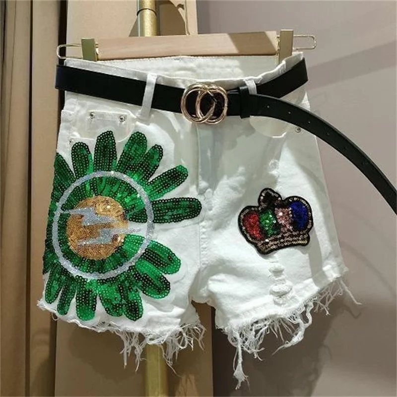 

SZP 2025 летние белые рваные шорты для женщин, тонкие блестки, цветы ромашки, облегающие и утягивающие шорты-карандаш