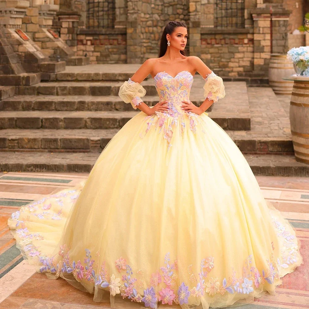 

Customized Yellow Princess Quinceanera Dresses 2025 Detachable Sleeves Flower Sweet 16 Dress Vestidos De 15 Anos Quinceañera