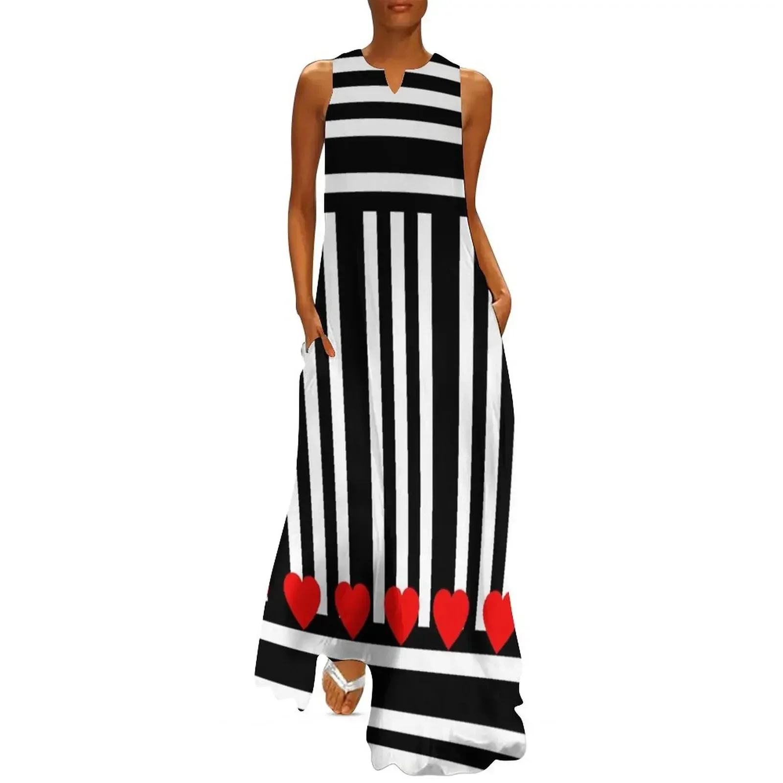 

Black and White Stripes with Red Hearts Long Dress Dress woman clothes for woman sexy dress for women
