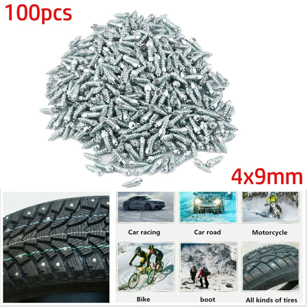 

100pcs Car Tire Studs Anti-Slip Screw In Tire Stud Snow Spikes Anti-ice Racing Track Tire Ice Studs For Car Motorcycle 4×9mm