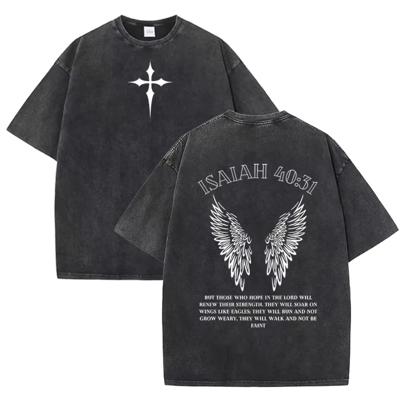 Isaiah 4031 Bible Verse Vintage Washed Gray Christian Graphic T-Shirt Unisex Casual Streetwear Holiday Gift Tops，Faith Aesthetic