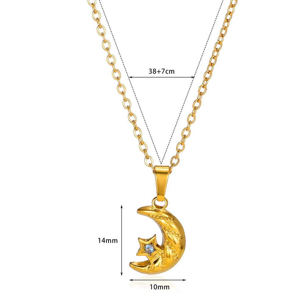 Stainless Steel Rocky Crescent Moon Pendant With Blue Zircon Crystal Necklace For Women No Rust Jewellery Bijoux Wholesale 2024