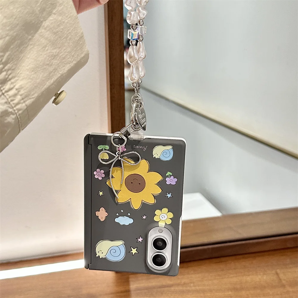 Kawaii Korean Ins Sunflower Snail Phone case for Samsung Galaxy Z Fold 8 fold 8 Funda With Stand Chain Fashion Shockproof Cover