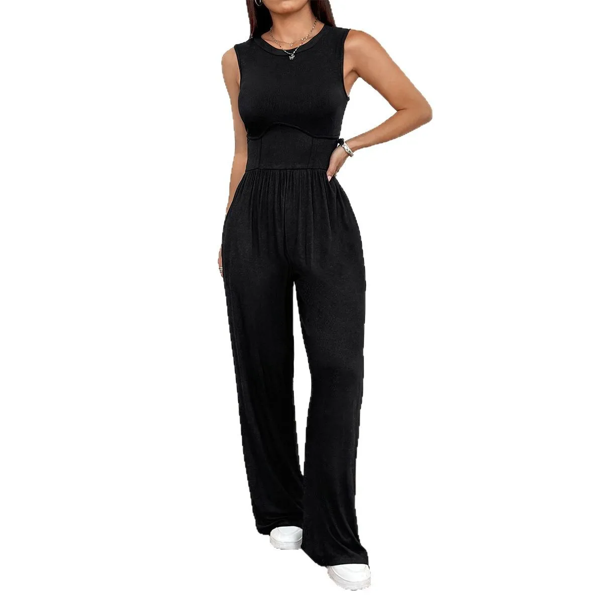 Diyun Vaion بدلة نسائية غير رسمية واسعة الساق لصيف 2025 بخصر عالٍ قماش مزيج من الألياف اللدنة المرنة العالية #5