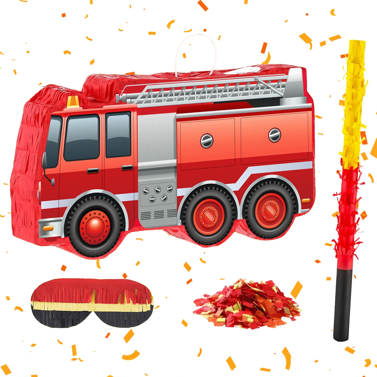 1Set Cartoon Fire Fighting Fire Truck Theme Pinata Bundle with Blindfold Stick for Kids Birthday Baby Shower Party Decoration
