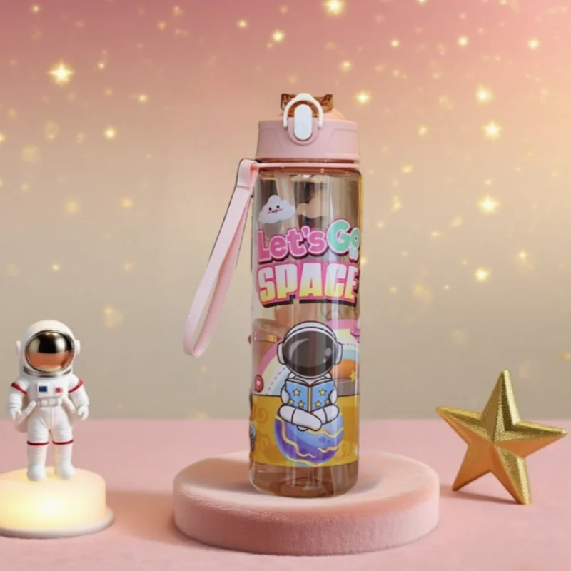 750 ml Astronauten-Sportflasche mit Strohhalm und Griff, Outdoor-Trinkbecher, großes Fassungsvermögen, niedliche Trinkflasche für Outdoor-Sportarten