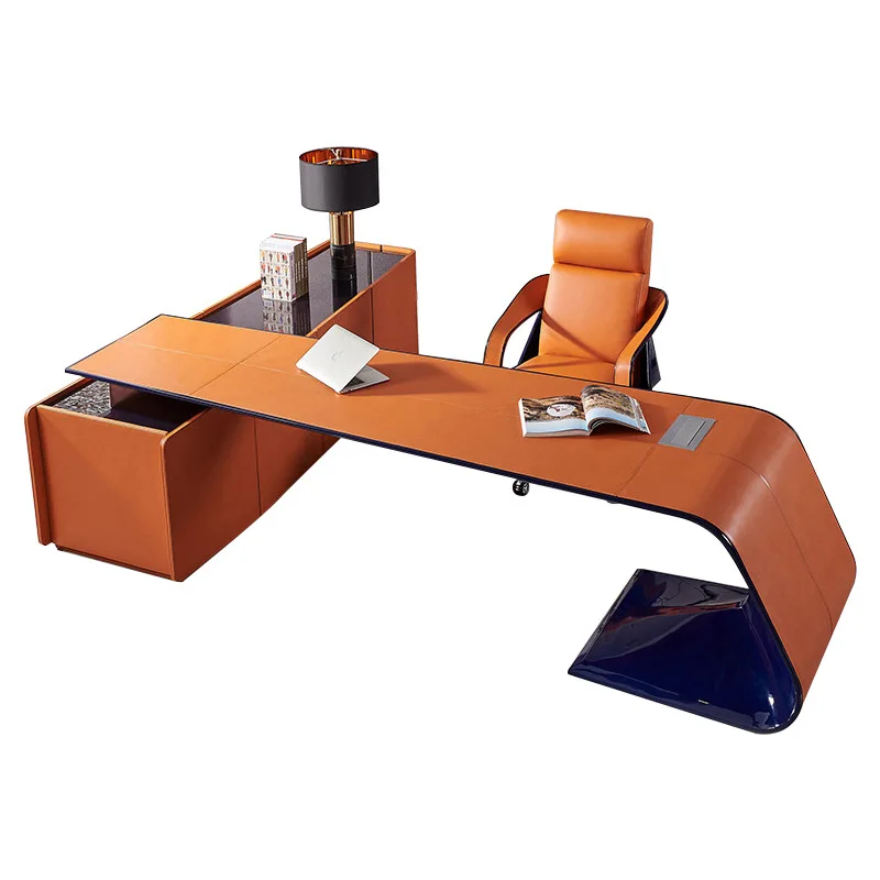 Light luxury study desk leather surface boss president computer desk