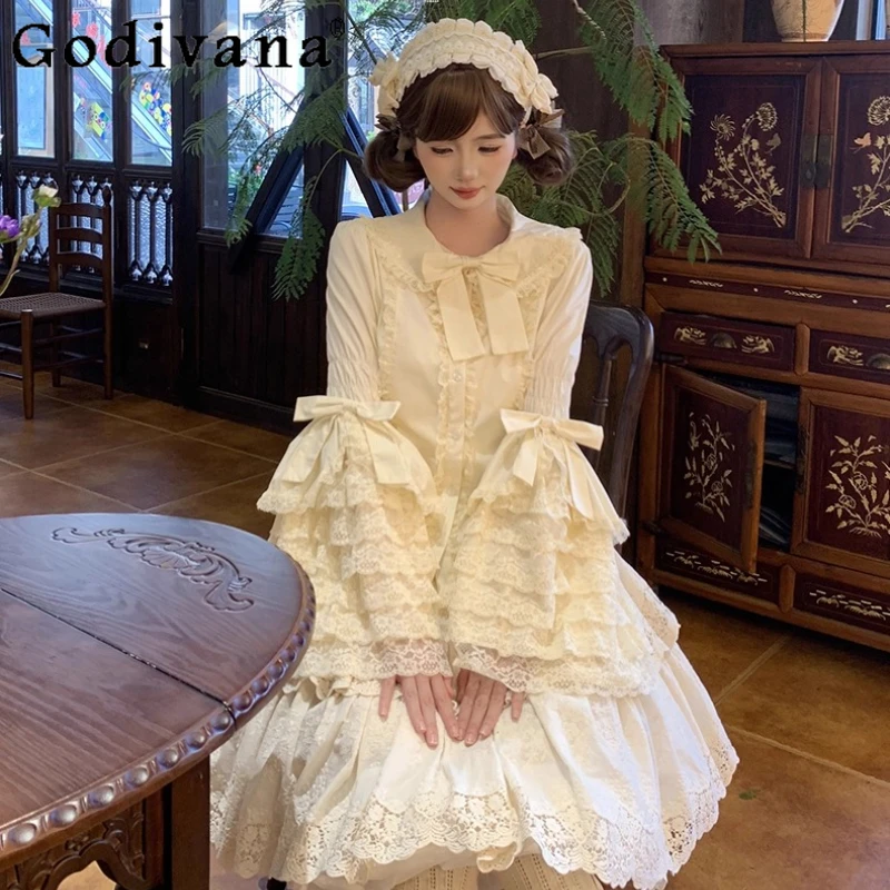 Spring Autumn Lolita Inner Wear Shirt for Women Slim Fit Gothic Lolita Blouses Female Oversized Lace Sleeve Sweet Shirt Top