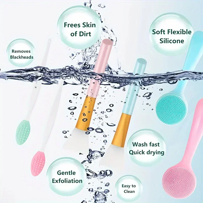 실리콘 수동 페이셜 클렌징 브러시 세트, 블랙헤드 제거, 딥 클리닝 및 부드러운 각질 제거 페이스 마스크 어플리케이터, 6 개