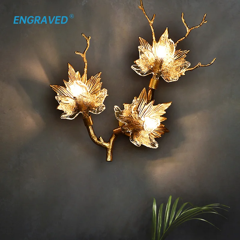 

ENGRAVED Creative Wall Lamp Maple Leaf Handmade Glass Sconce Living Room Decorative Lighting Copper Bedroom Home Decor