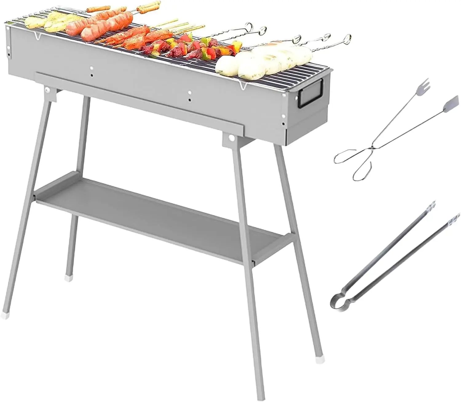Tragbarer Holzkohlegrill, Edelstahl-BBQ-Grill mit klappbarem Ständer, verstellbaren Lüftungsschlitzen, Kebab-Spieß-BBQ-Grill-Set