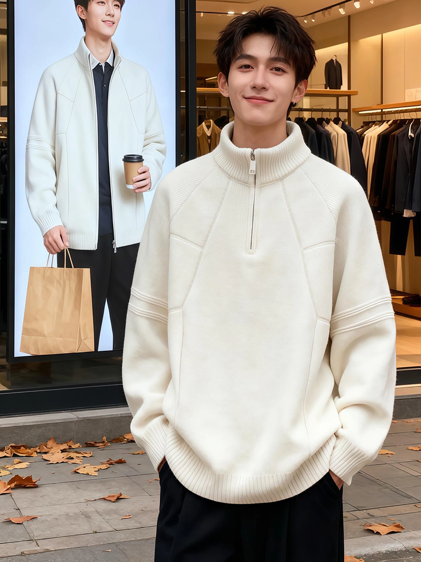 

Мужской вязаный свитер с высоким воротником, зимний, повседневный, с дизайнерскими вставками, из мягкого полиэфирного волокна, теплый, утолщенный