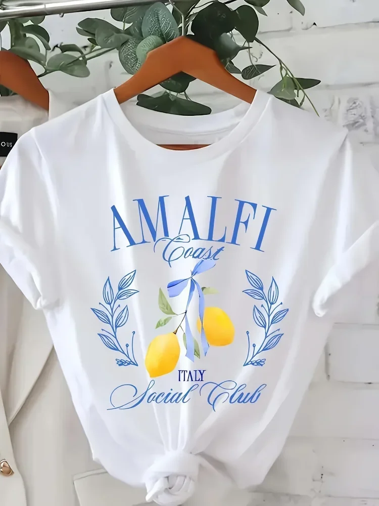 Summer Vintage Mediterranean Lemon Blue Wreath Bow Graphic Tee Fresh Fruit Floral Casual Loose Short Sleeve Daily Tops Y2k