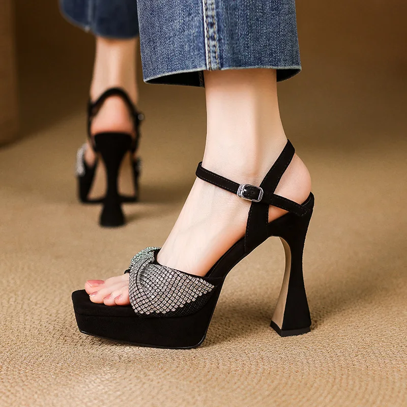 

10.5Cm Platform Rhinestone Sandals Comfortable Thick-Heeled Matte Leather Women's Shoes Inner Height-Enhancing Black High Heels