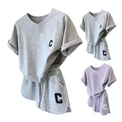 Chándal de 2 piezas para mujer, ropa deportiva de cintura elástica con cordón suave, cuello redondo, Camiseta con estampado de letras, conjunto de pantalones cortos y Top de ejercicio