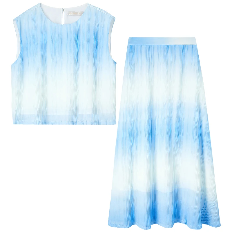 SENTUBILA Dames Zomerrok Set 2025, Blauw Wit Gradiënt Cropped Tank Top Flowy Midi Rok Dames Vakantie-outfits 142Z54315