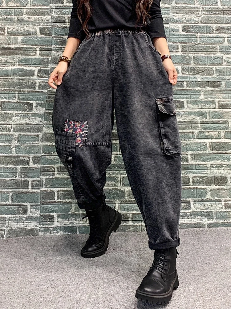 Amax LuluE 2025 الخريف السيدات الدنيم السراويل فضفاضة عادية الأزهار الجينز المرأة عادية الكلاسيكية التطريز خمر الشرير الحريم بنطلون #6