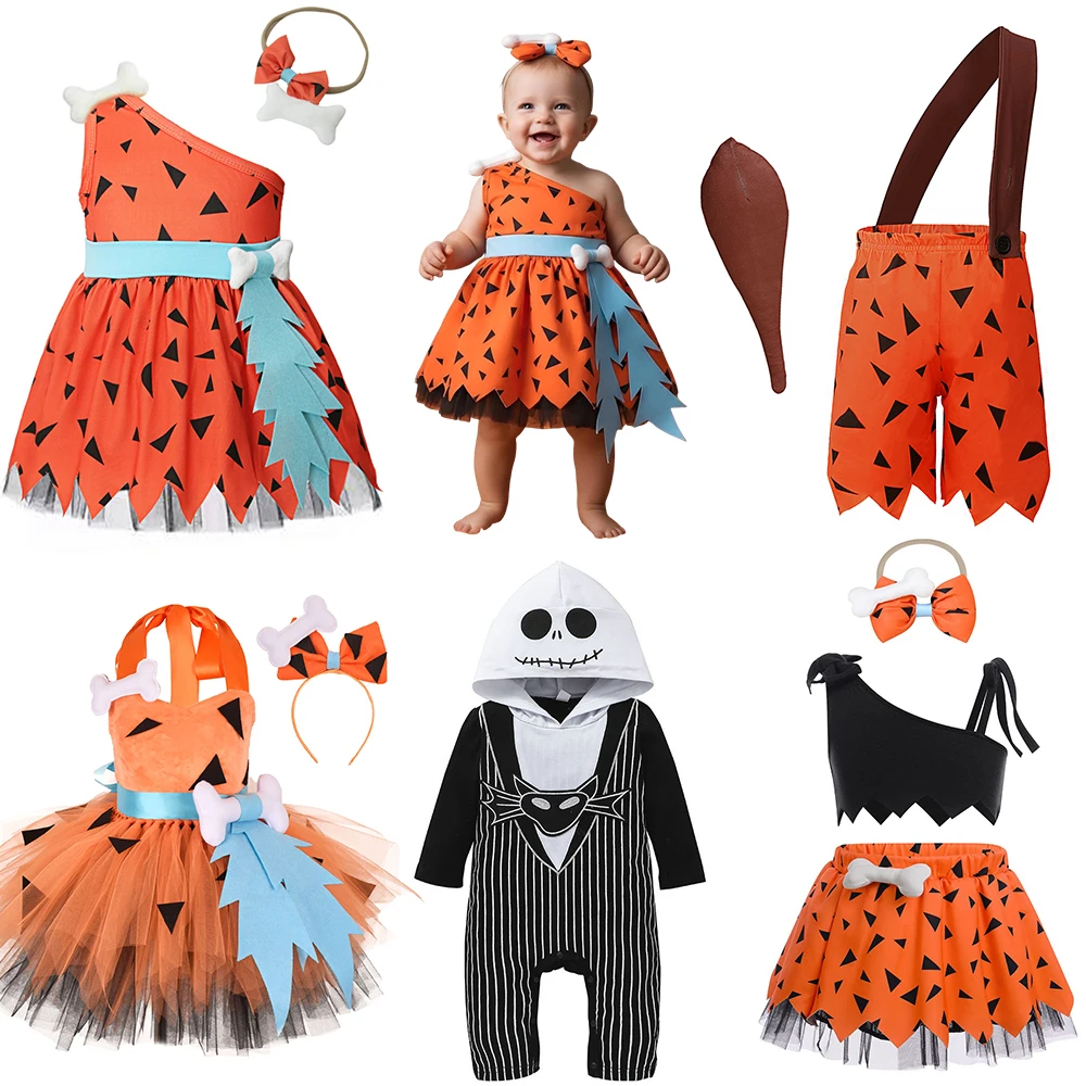 Kids Fancy Dress Halloween Role Play Outfit Caveman Stone Age Costume Skull Romper Bone Accessories for Party Performance