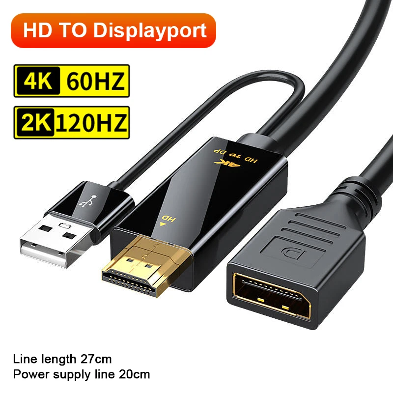 4K60Hz HD DisplayPort Unidirectional Adapter HDMI-Compatible To DP Converter with USB Power Cable For Computer Monitor PS4 Xbox