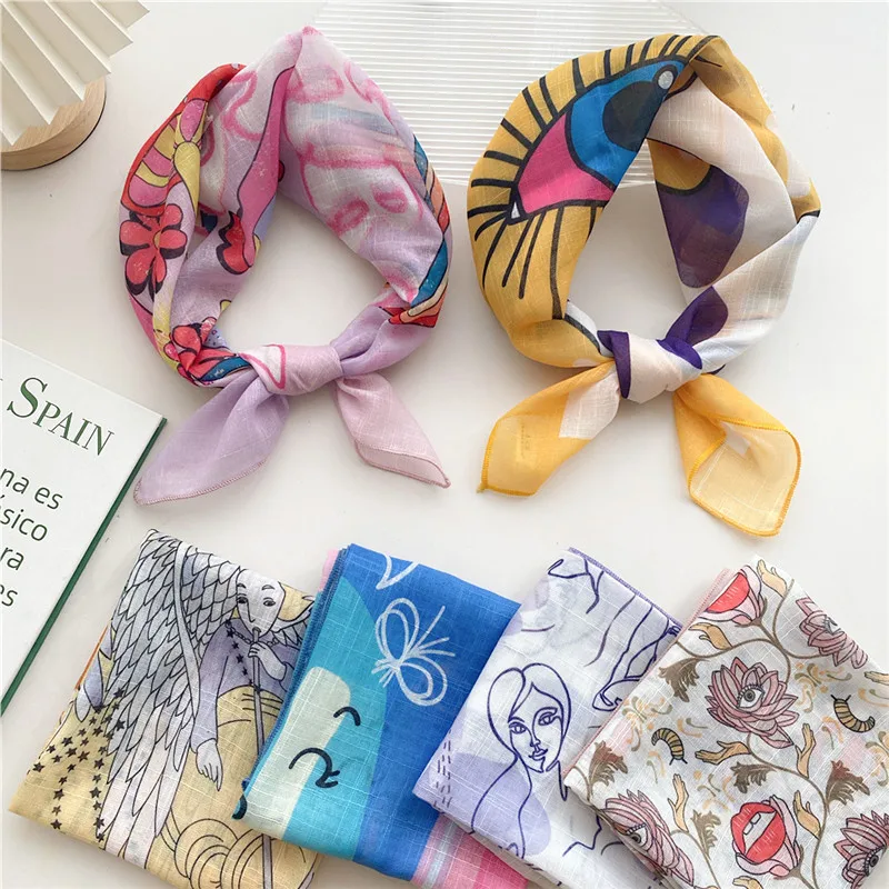 Cotton Linen Print Flower Geometric Pattern Square Scarves Women Turban Scarf Neckerchief Headband Decoration Apparel Accessory