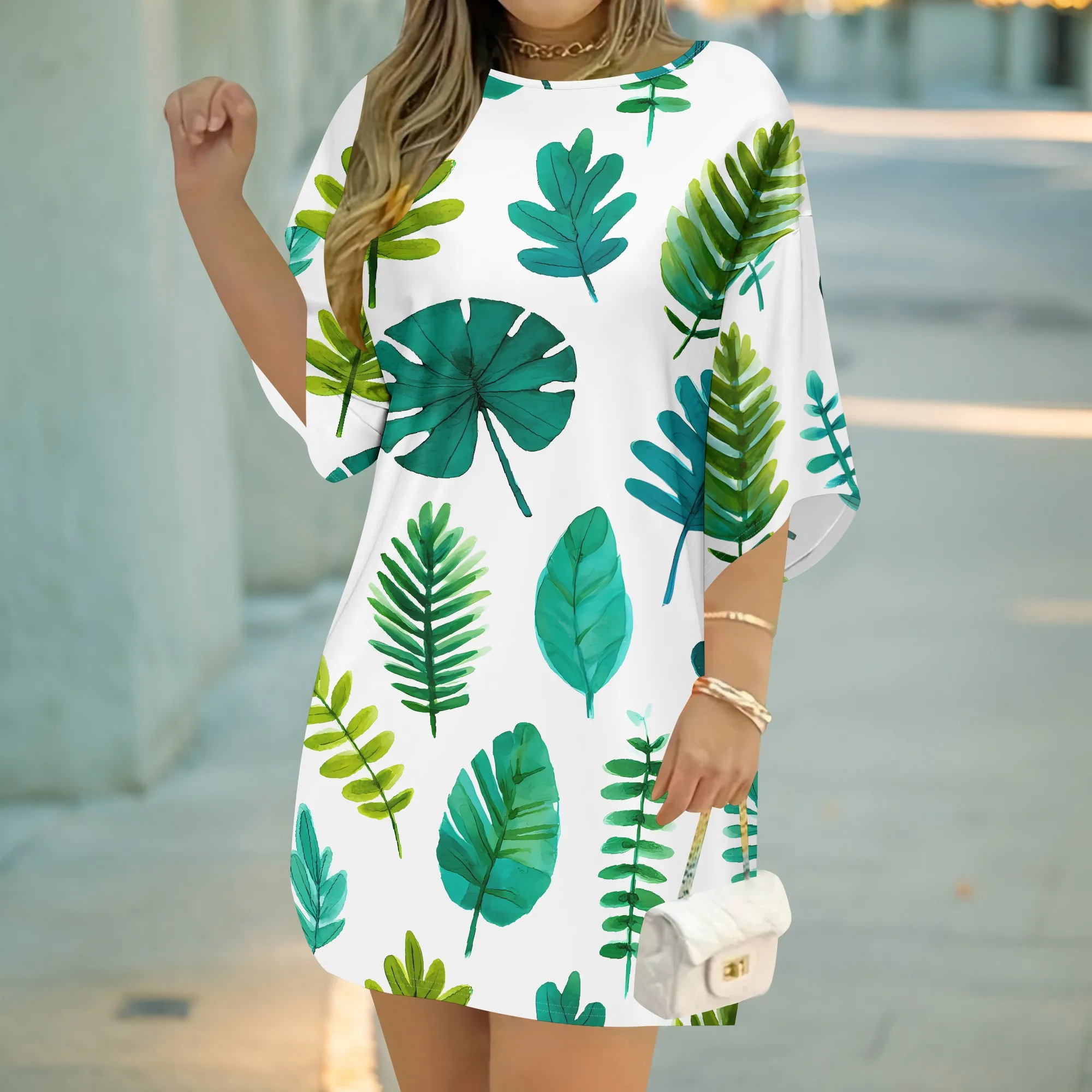 Tropical Leaf Print T-Shirt Dress, Green Botanical Pattern Short Sleeve, Casual Summer Vacation Beach Wear, XS-3XL