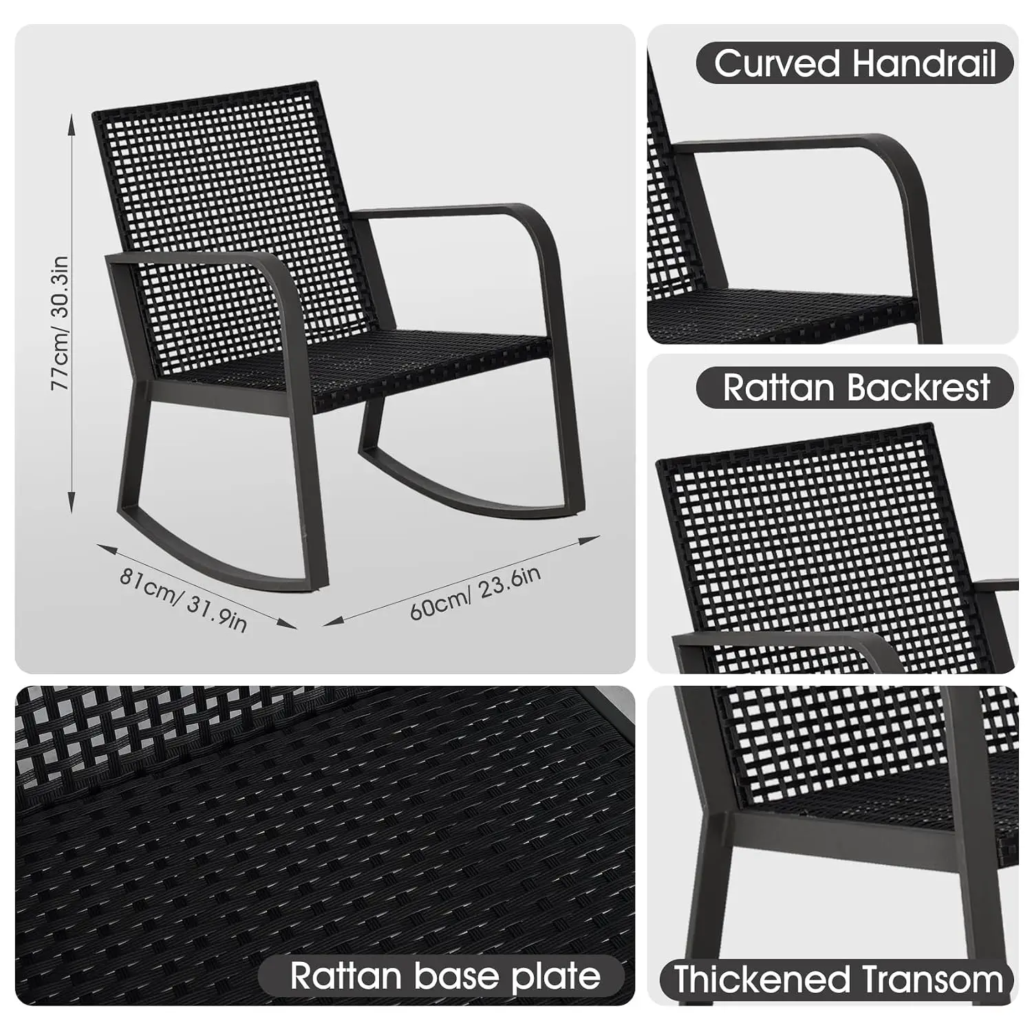 3 Piece Patio Furniture Set, Rattan Outdoor Rocking Chair & Table For Garden Balcony Poolside Backyard, Blue, Customized