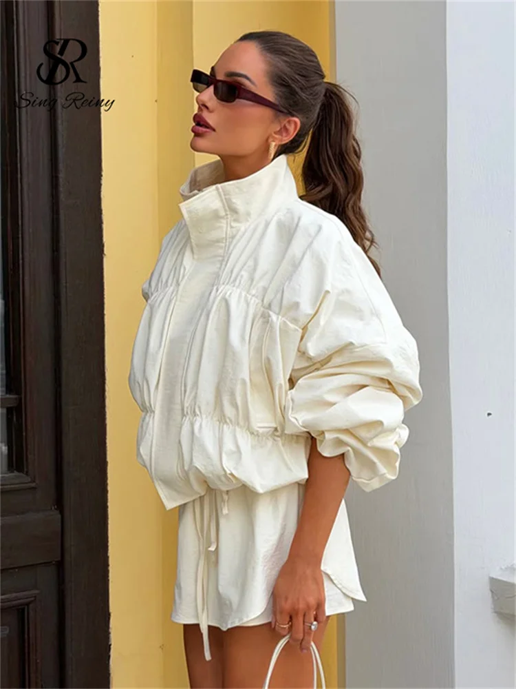 Pleated Turtleneck Windproof Drawstring Jacket Shirring Oversized  Autumn Outwear Women Causal Versatile Lady Coat