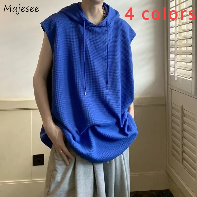 

Hooded Vests Men Solid Simple American High Street Baggy Sleeveless Teens Summer Breathable Korean Fashion Ins Y2k Tops BF Chic