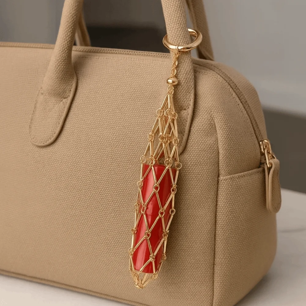Vintage Portable Metal Net Lipstick Bag Hollow Mini Mesh Bag Key Chain Y2K Golden Lipstick Cover Key Ring for Gift