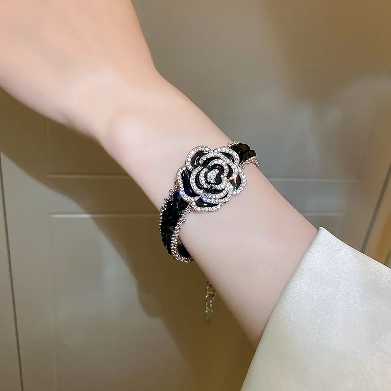 FYUAN Fashion Camellia Flower Bracelet Women Black Crystal Chain Bracelets & Bangles Weddings Party Jewelry