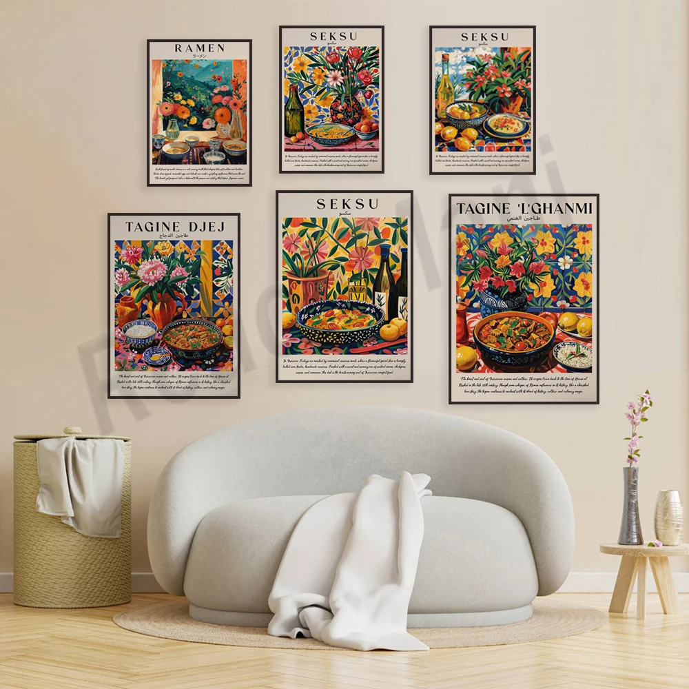 Middle eastern cuisine, couscous, tagine poster, Moroccan food, Islamic kitchen decoration, food and drink art