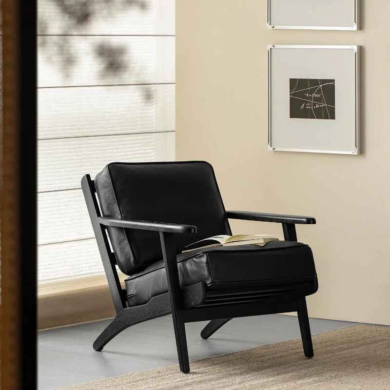 YJQ1 Furniture Sofa Chair Modern Simple Casual Solid Wood Living Room Household Black Leather Single Chair