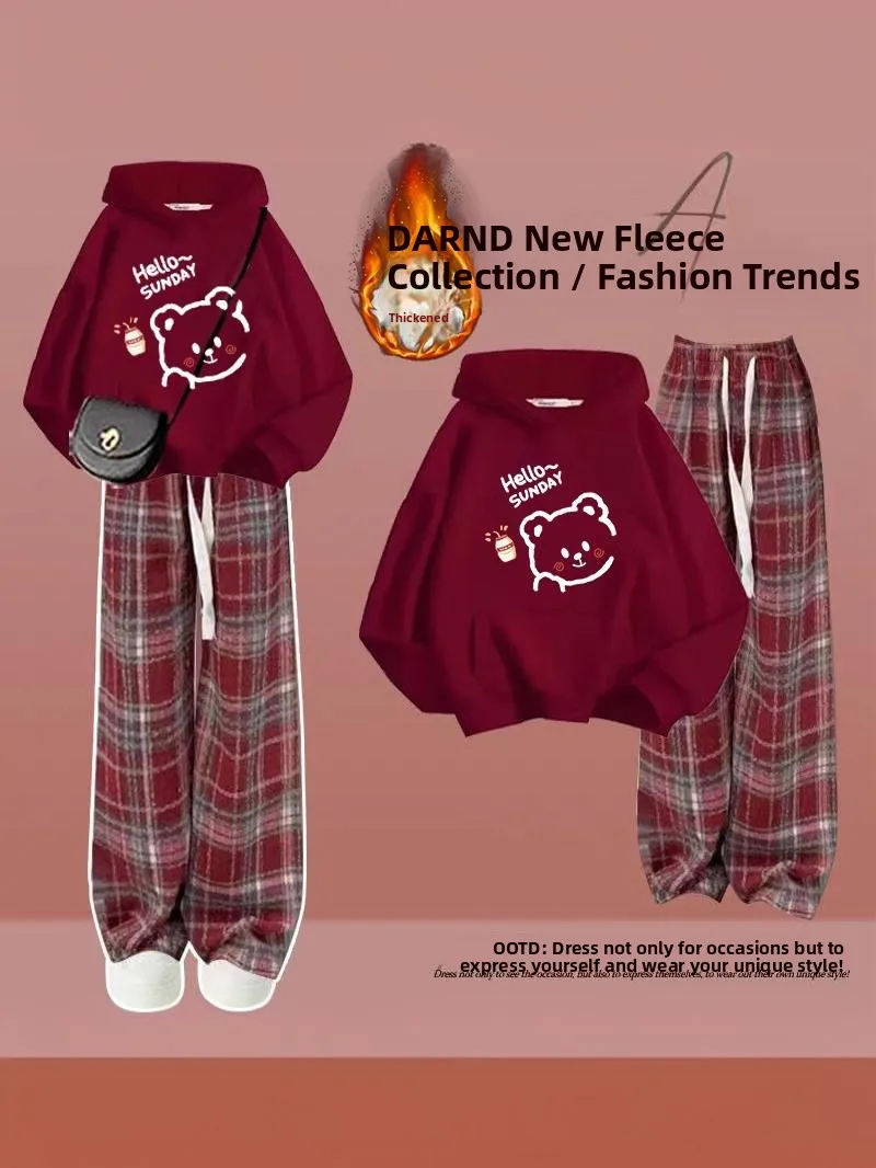 

Girls' Hooded Fleece Sweatshirt Set with Bear Print Casual Fashion Autumn Winter Two-Piece Ensemble for Students And Teens