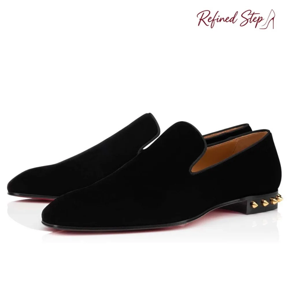 Men Women Slip On Loafers Black Velvet Patent Leather Back Rivet Decor Flat Shoes Red Inner Casual Party Dress Shoes