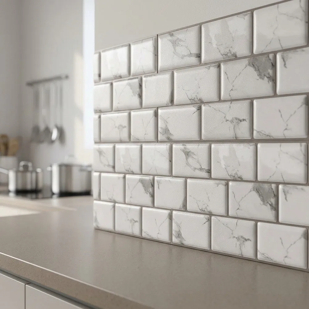 Self 3D Kitchen Backsplash Tiles PVC Waterproof Oil for proof Modern Solid Color Decals 32cm x 16.5cm 6 Piece Pack