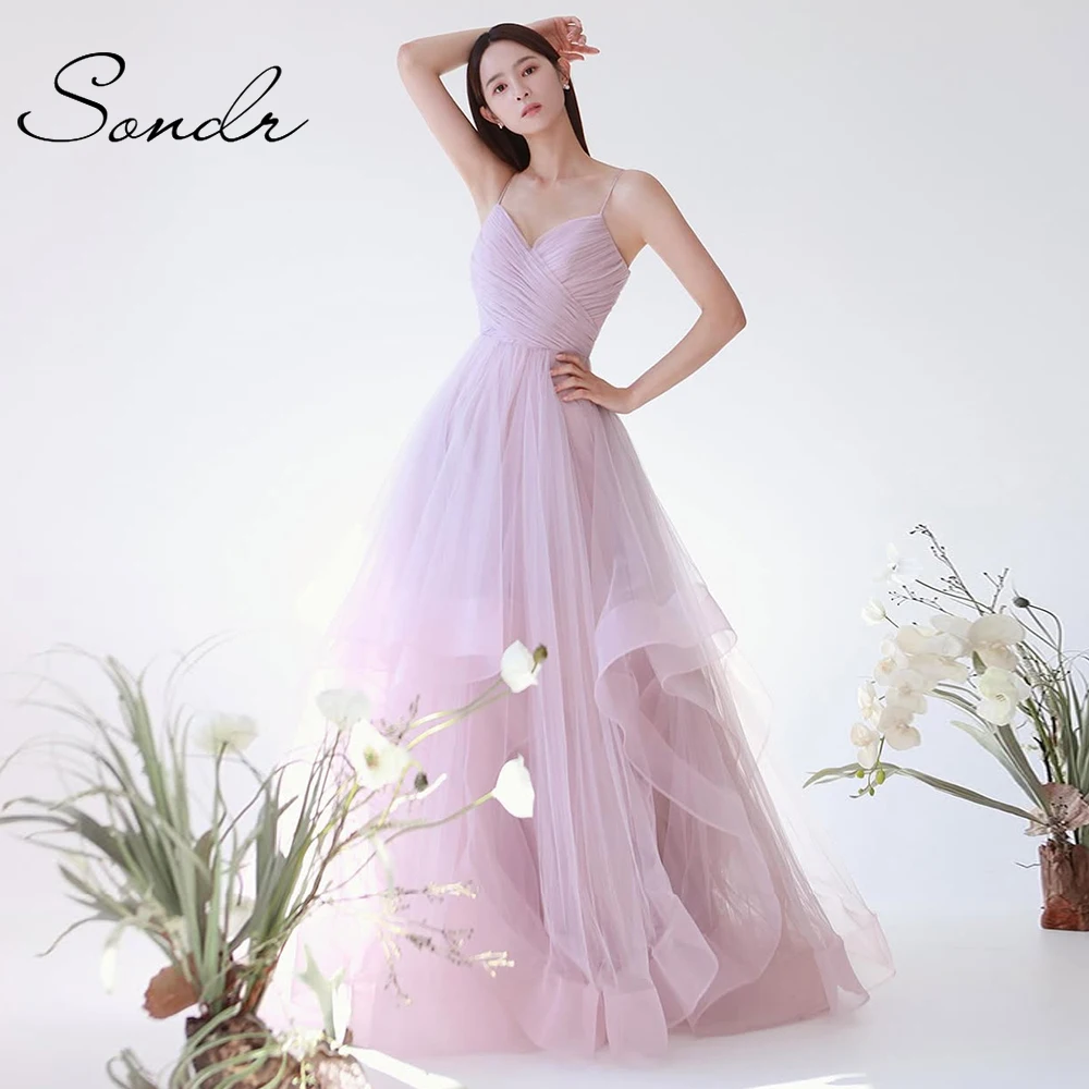 Sondr Zachte Tule Koreaanse Trouwjurken Spaghettibandjes Aangepaste Bruids Luxe Feestjurk Gekleurde Bruiloft Snap Jurk