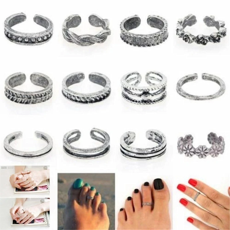 12Pcs/Set Women Toe Joint Ring Fashion Seaside Toe Sleeve Ring Bohemia Vintage Finger Ring Foot Ring Women Accessories