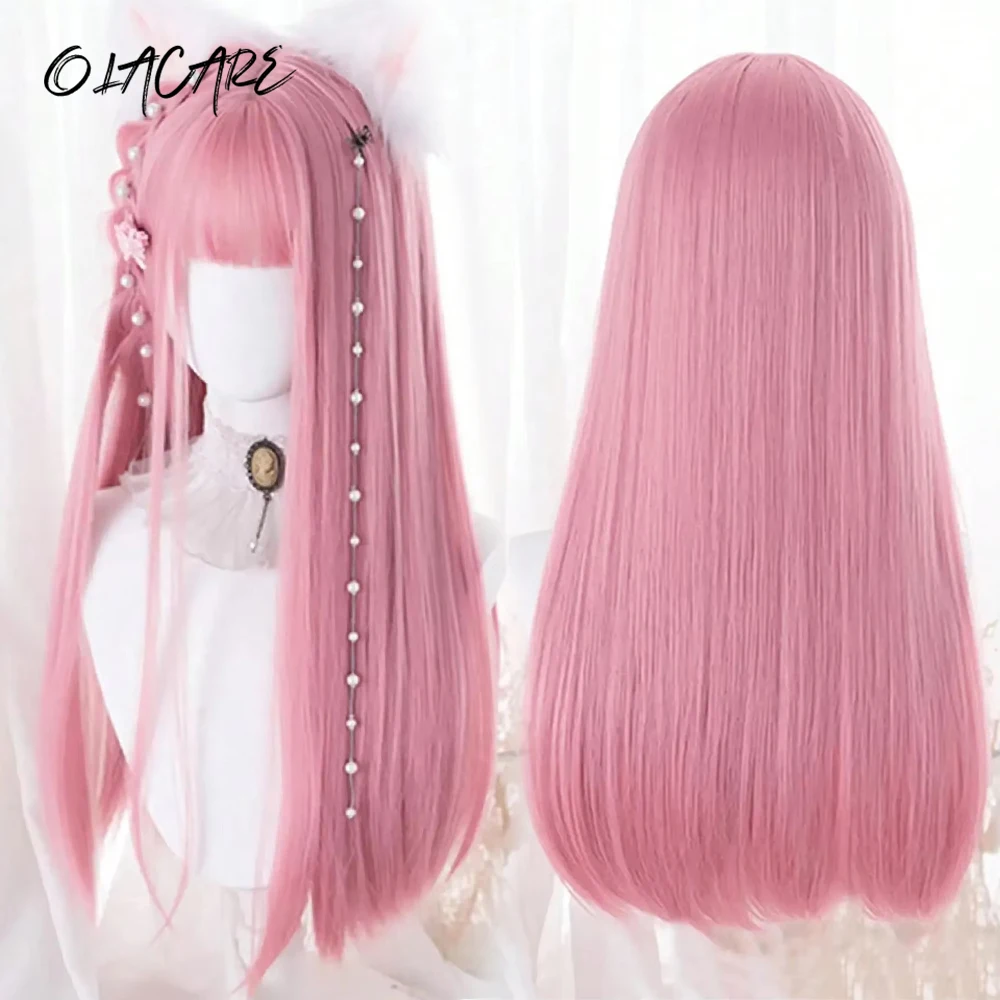 24Inch Synthetic Long Straight Pink Wig With Bangs LM Cosplay Hair Wig Heat-Resistant For Women