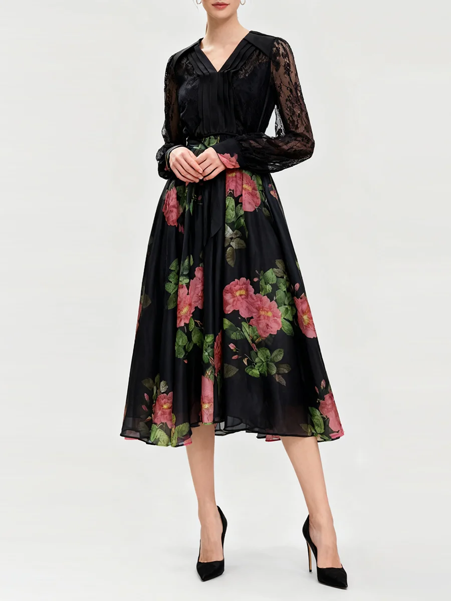 TWOTWINSTYLE Stampa Sheer Impiombato Lace Up Abiti eleganti per le donne Scollo a V Maniche lunghe Vita alta Abito casual Moda femminile