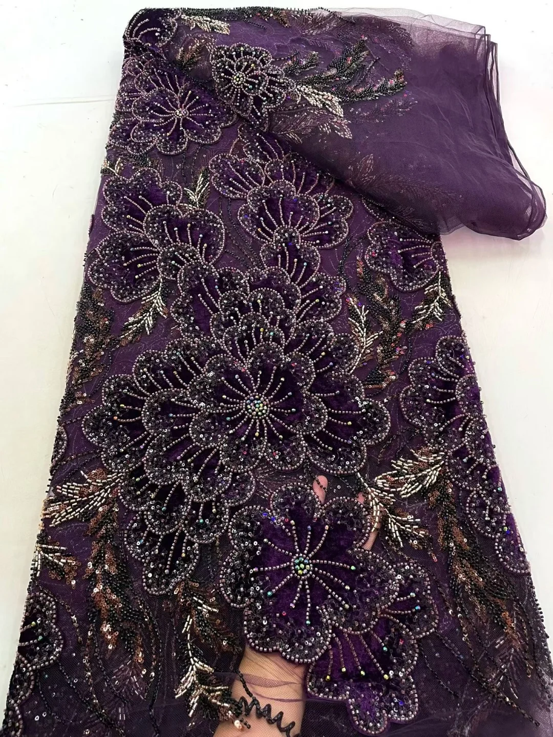 Top Sale African Beaded Tulle Lace Fabric latest Nigerian Mesh Embroidered French Sequins Women Evening Party Dresses Material