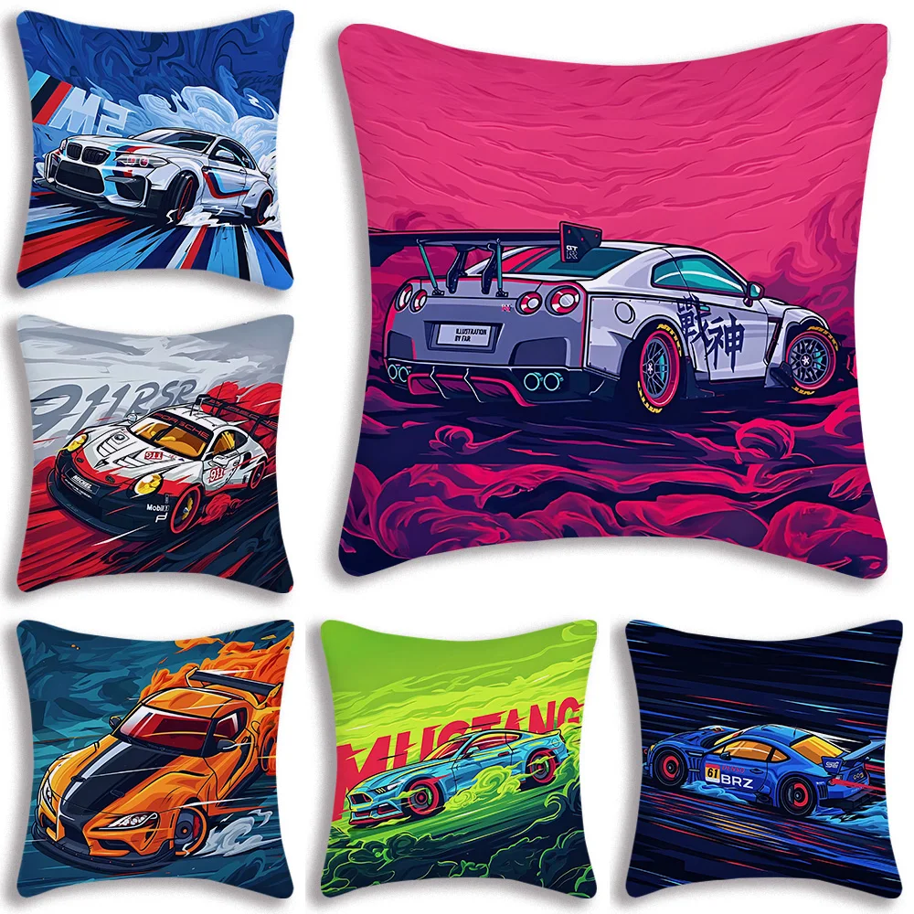 Luxury Rally Sports GTR Race Car Pillow Covers Cartoon Sofa Decorative Home Double-sided Printing Short Plush Cute Cushion Cover