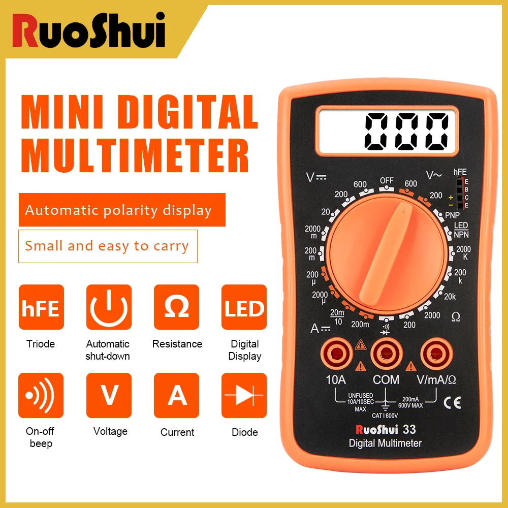 

RuoShui 33 High-Accuracy Digital Multimeter - 600V/10A Voltage Tester with 1999 Counts Display & Transistor Testing Measurement