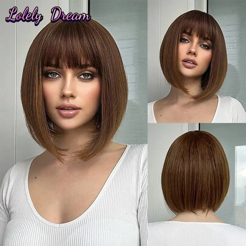 

Розовый парик, высокотемпературный шелк, полный головной убор, синтетический парик, женская натуральная челка, короткие прямые волосы, повседневный парик для косплея