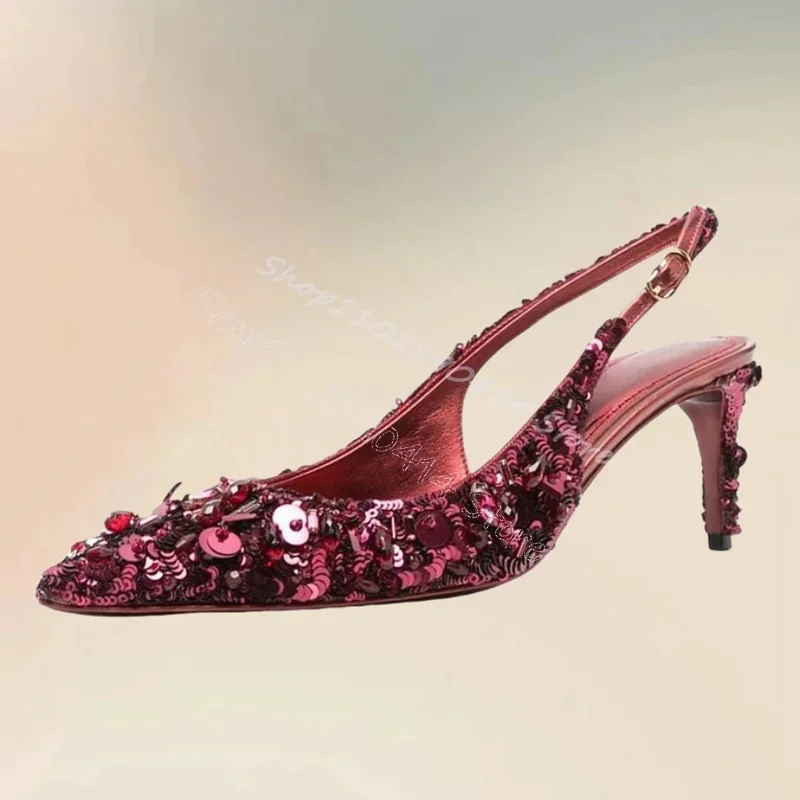 

Burgandy Sequins Shallow Pointed Toe Pumps Ankle Buckle Strap Women Shoes Thin Heels Party Feast Dating 2025 Zapatos Para Mujere