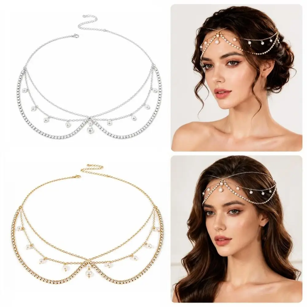 Rhinestone Embellishment Pearl Rhinestone Hairpin Chain Multilayer Vintage Exotic Style Forehead Chain Lightweight