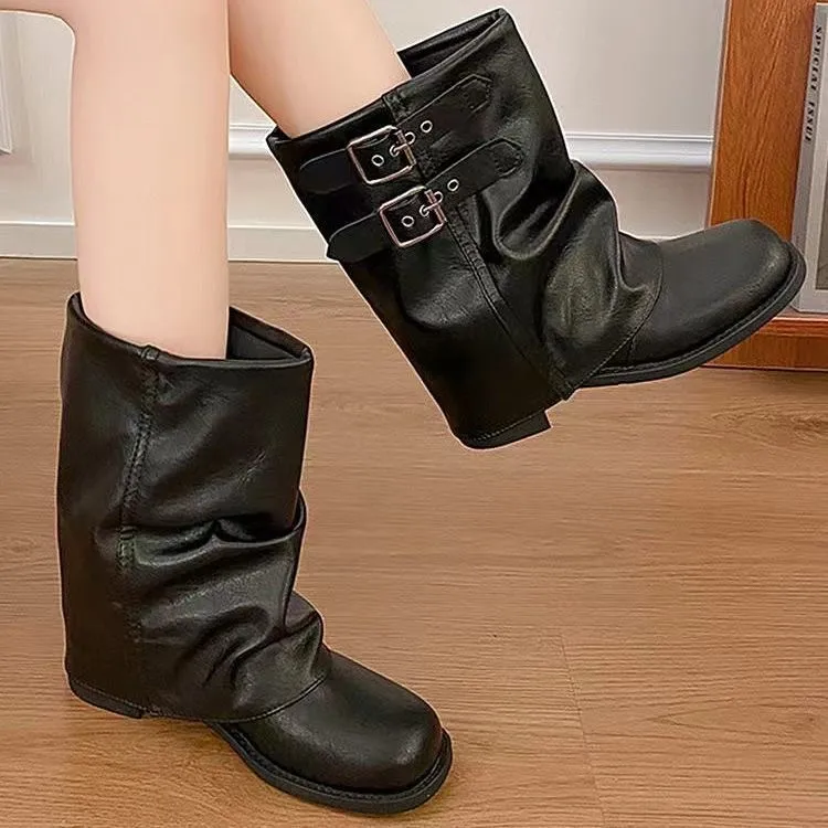 Chic Slouchy Mid Calf Boots Women Double Buckle Square Heel Block Heels Retro Faux Leather Slip On Pleated Motorcycle Booties