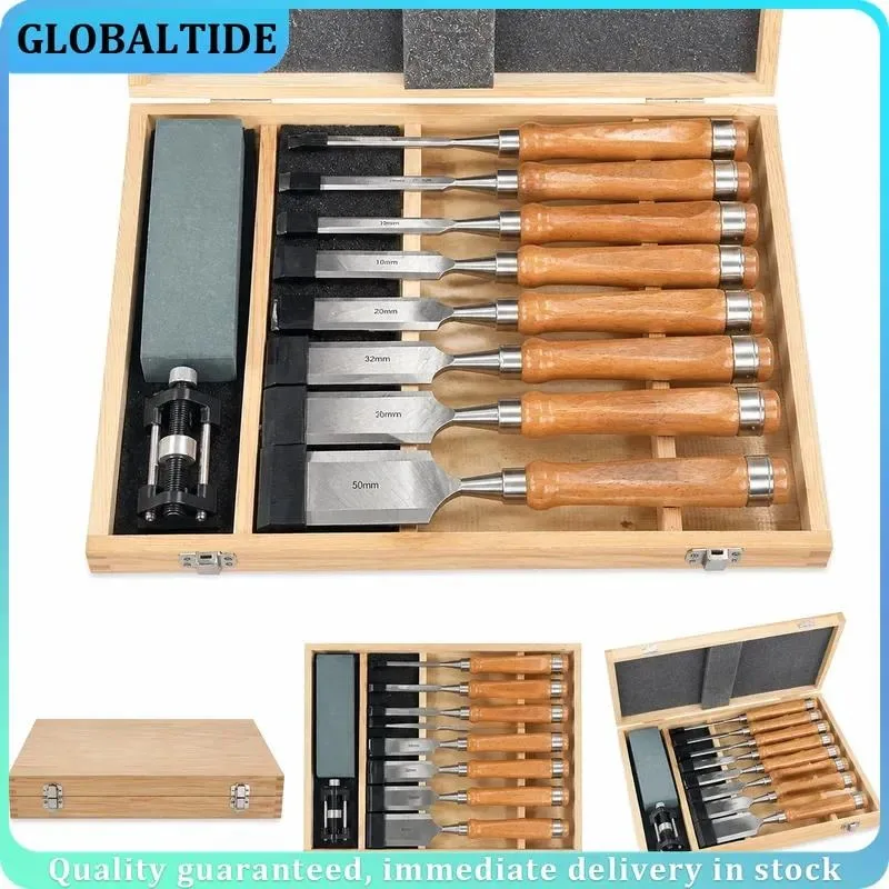 10pcs Woodworking Chisel Set Flat Sharp Alloy Head Beech Handle Basic Carving Tools for Wood Craft DIY