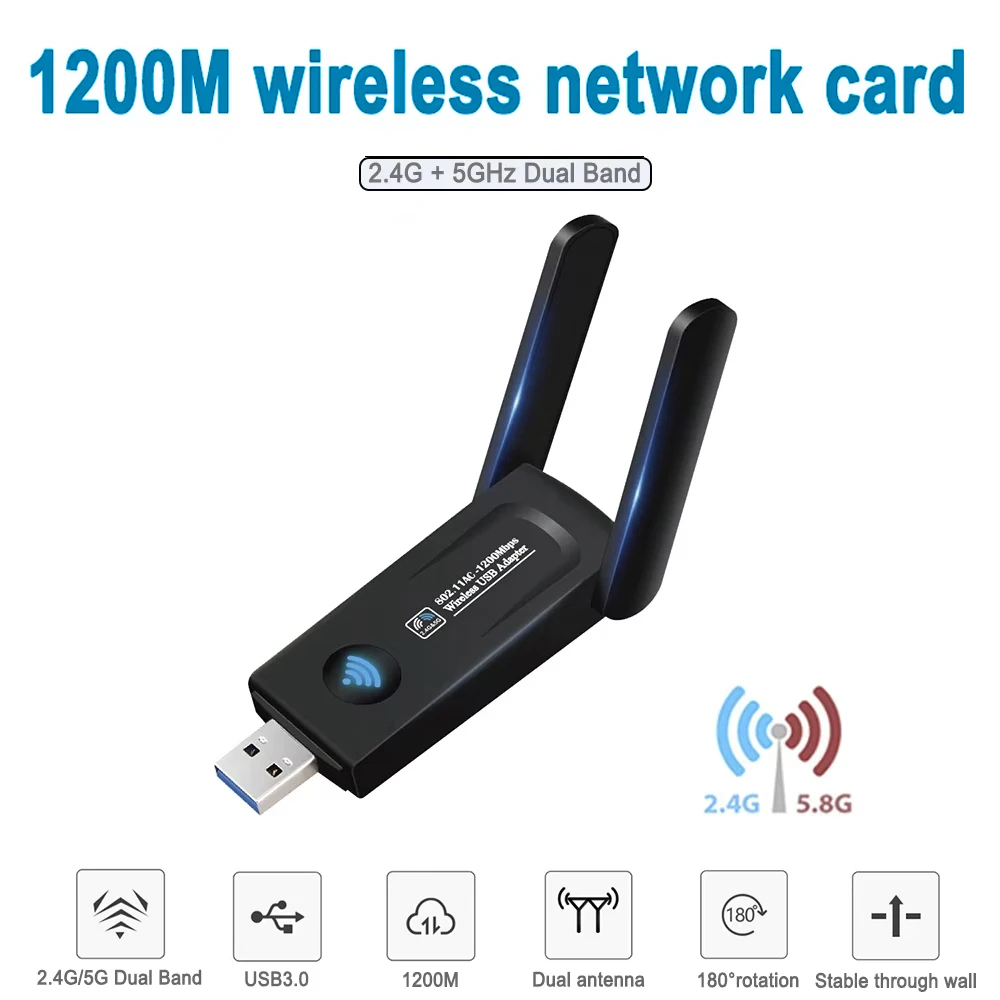 Newest 1200Mbps Wireless AC USB 3.0 WiFi Dongle Dual Antenna 2.4G 5Ghz USB Ethernet Adapter for PC Win7/10 Fast Shipping