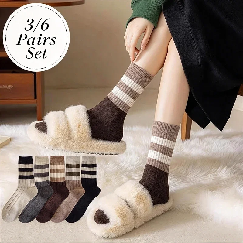 3/6 Pairs Set Socks Women Striped Mid Calf Socks Vintage Ribbed Knit Warm Autumn Winter Crew Casual Daily Fashion Socks