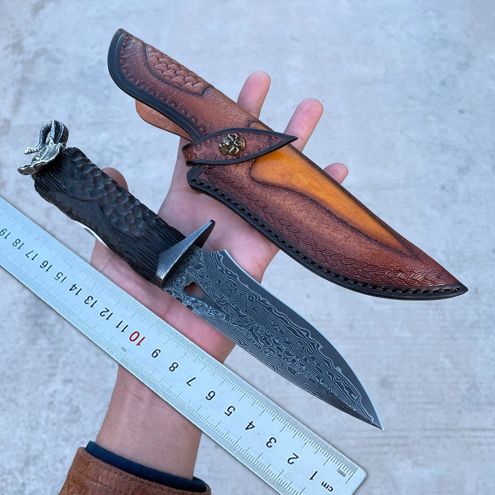 TURENZ- Damascus steel VG10  survival climbing climbing hunting knife camping tool handmade with sheath